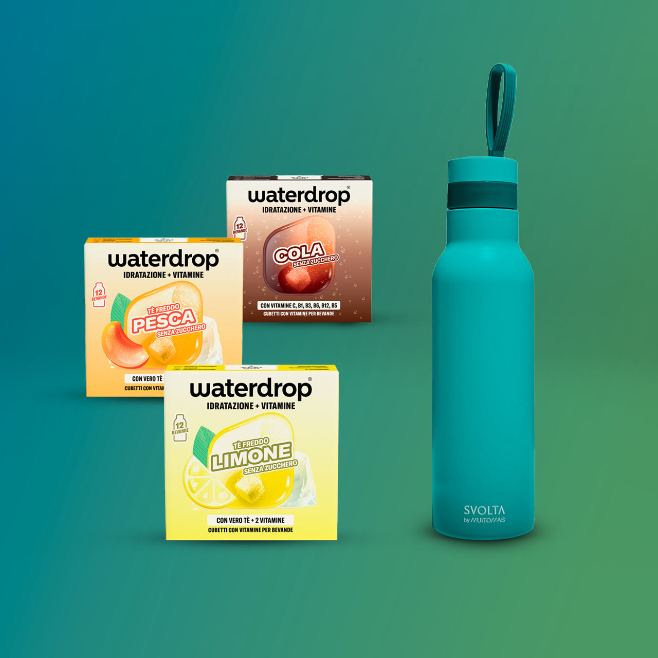 borraccia SVOLTA e 3 confezioni waterdrop